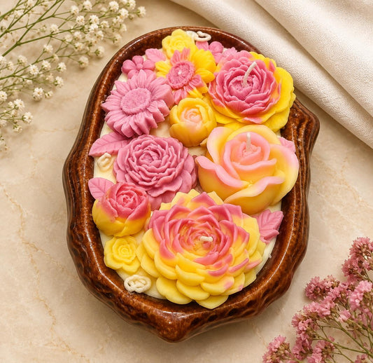 Sunlit Rose & Dahlia Ceramic Boat Candle